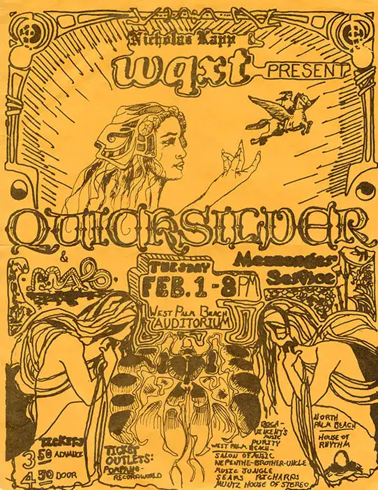 Quicksilver Messenger Service concert flier held at the West Palm Beach Auditorium, ca. 1970s. Anonymous collection.