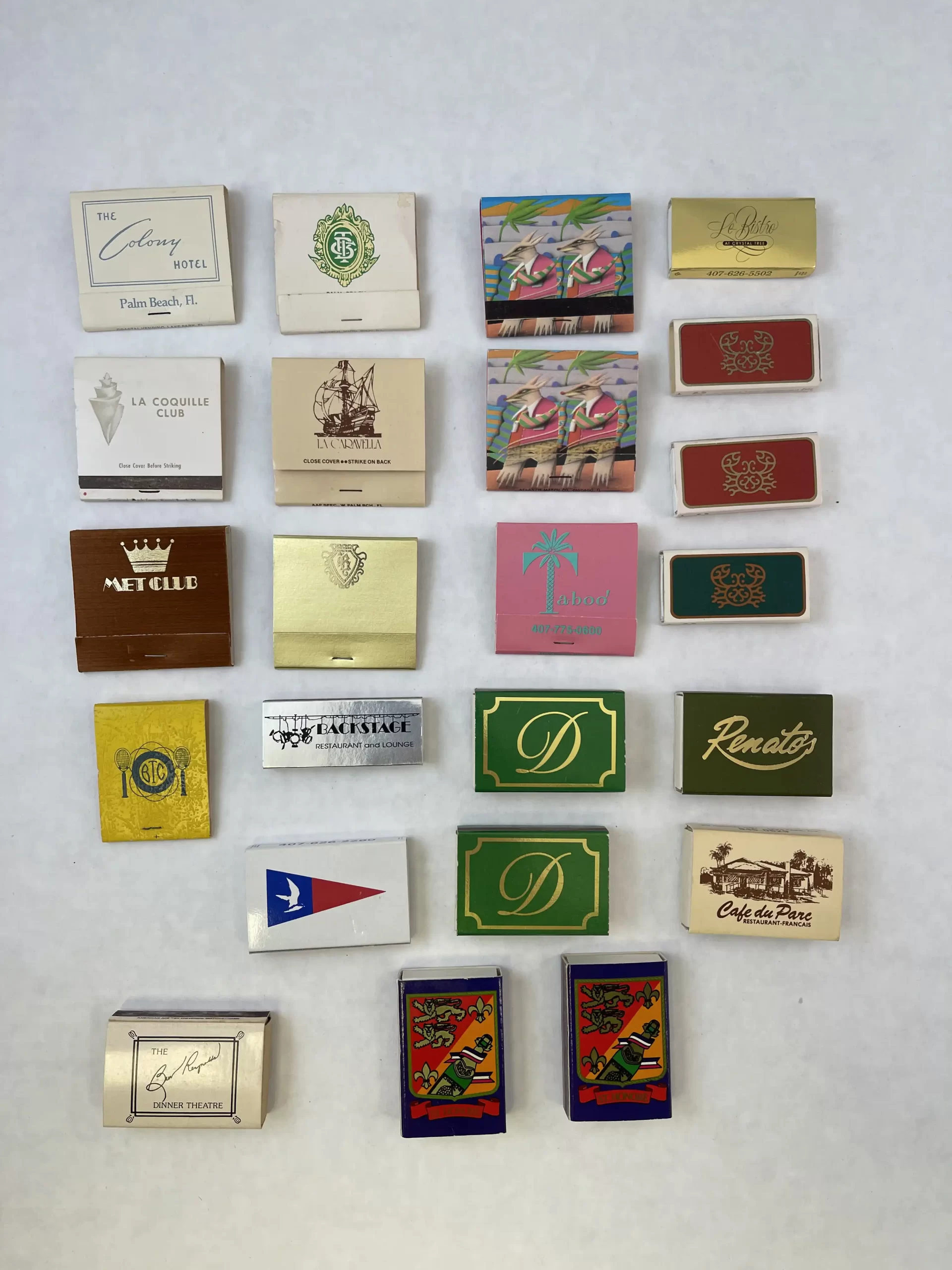 Matchbooks: One (1) 2"x2" from La Coquille Club, one (1) 2"x2" from The Colony Hotel on Palm Beach, one (1) 2"x2" from Taboo' Restaurant, one (1) 2"x2" La Caravella restaurant, two (2) 2"x2" from Atlantis Match Co. Chicago, one (1) 2"x2" from the Met Club on Tequesta, one (1) 2"x2" from the City of Palm Beach, one (1) 2"x2" from Bentley's restaurant on north Palm Beach, and one (1) 1.5"x2" from The Bath & Tennis Club on Palm Beach.
